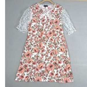 Alison Andrews Floral Polka Dot Mesh Sleeve Shift Dress XL Pink White GK51731